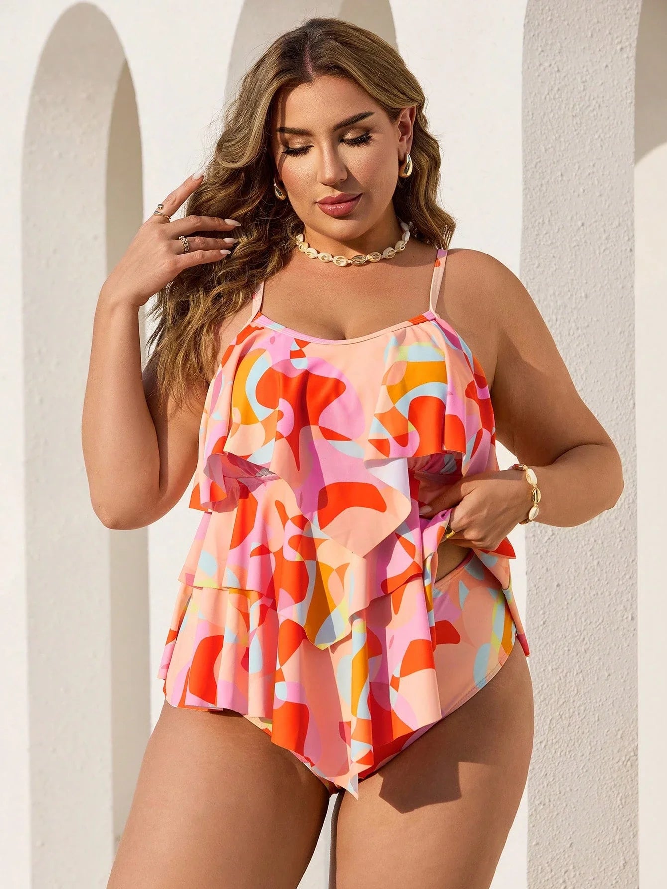 Tankini Casual Plus Size Estampa Geométrica