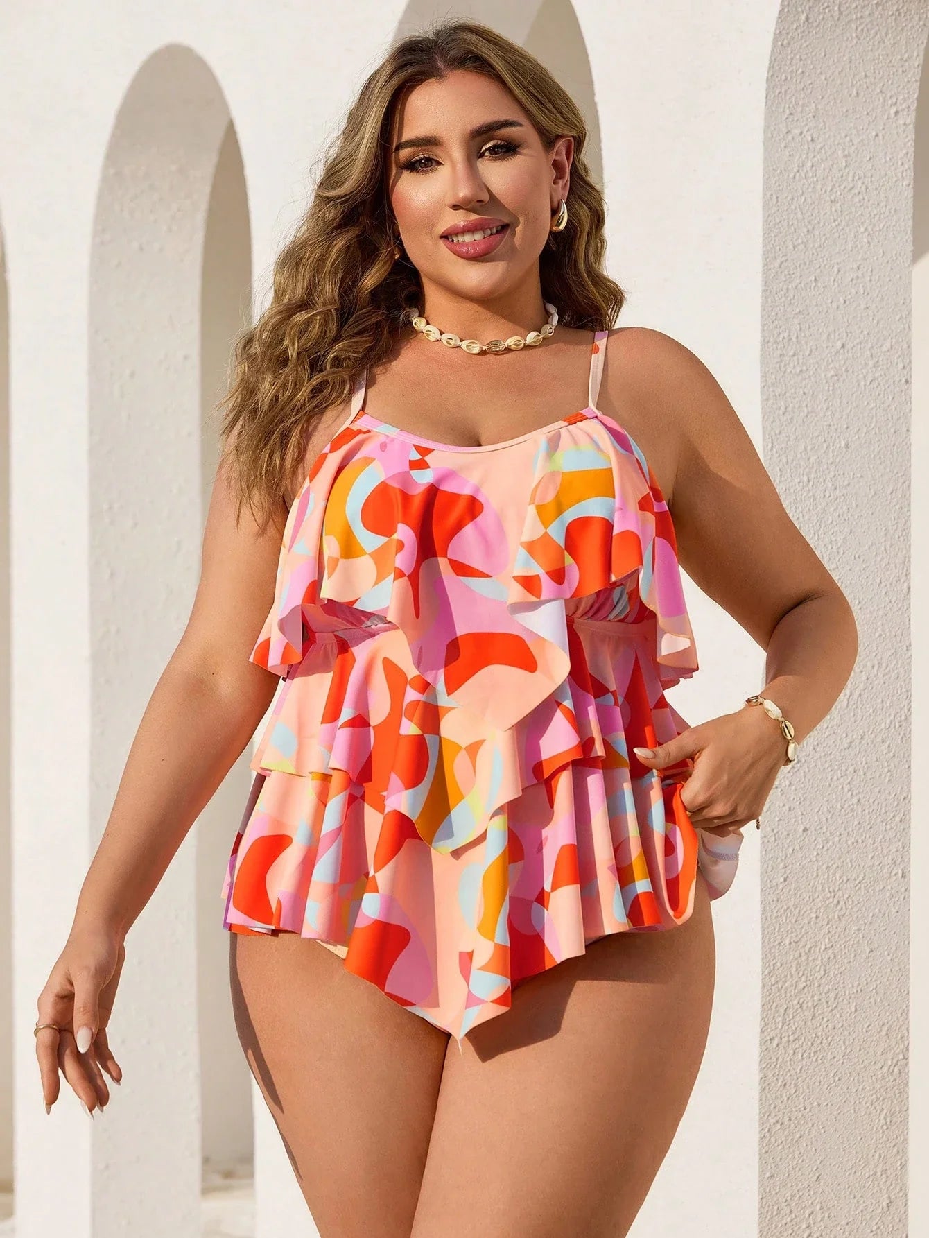 Tankini Casual Plus Size Estampa Geométrica