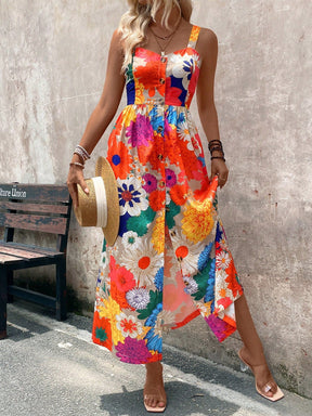 Vestido Floral Longo Com Botões