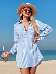 Vestido Camisa Listrado Midi com Botões